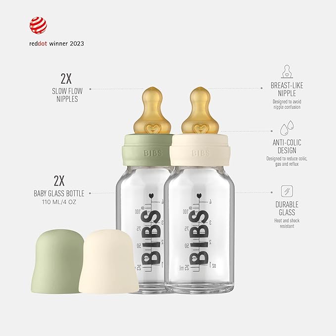 Bibs Baby Glass Bottle | Newborn Anti-Colic Baby Bottles | Borosilicate Glass with a Natural Vented Round Natural Rubber Latex Nipple | Consistent Flow Rate | 3.7 oz/110 ml | 2 Pack | Ivory/Sage