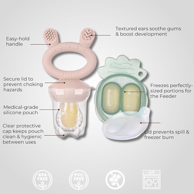 Haakaa Freeze-N-Feed Mini Combo with Silicone Food Feeder & Silicone Mini Nibble Tray|Baby Solid Food Self Feeder|Breastmilk Popsicle Mold Storage & Feeder for Soothing Baby Gums 1 PK