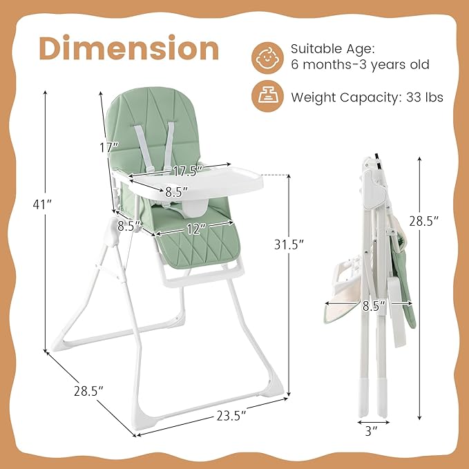 HONEY JOY High Chair, Foldable Baby Feeding Chair, Adjustable Tray & Footrest, Removable Easy-to-Clean PU Seat Cushion, 5-Point Harness, Cup Holder, Highchairs for Babies and Toddlers (Green)