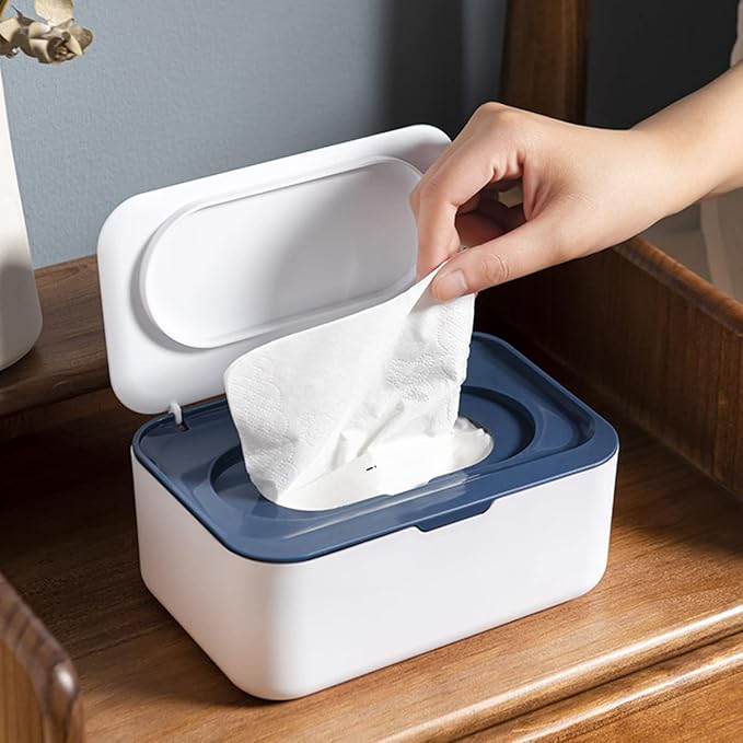 Wipes Dispenser, Dustproof Wet Tissue Box Baby Wipe Holder Large Capacity Wipes/Tissue Case with Moistur e Seal Secure Lid Keeps Wipes Fresh for Home, Office(Navy Blue)