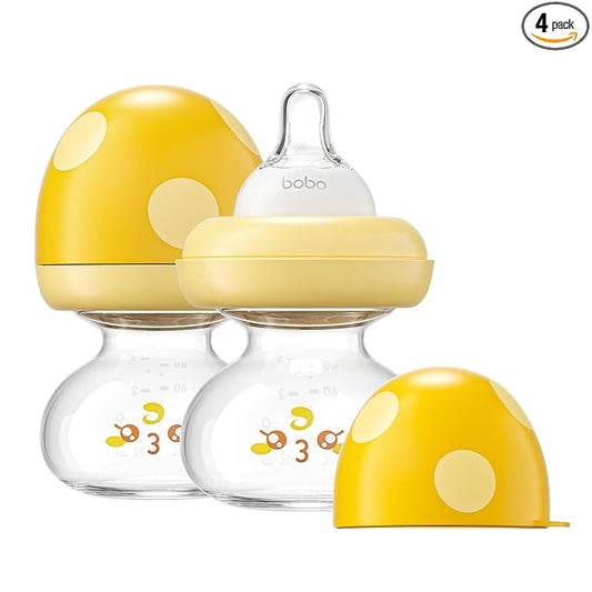 YOHKOH Newborn Glass Baby Bottles with Slow Flow Nipple for 0+ Months, Wide Neck Feeding Bottle, 2.7oz/80ml (Yellow, 2.7oz (Pack of 2))