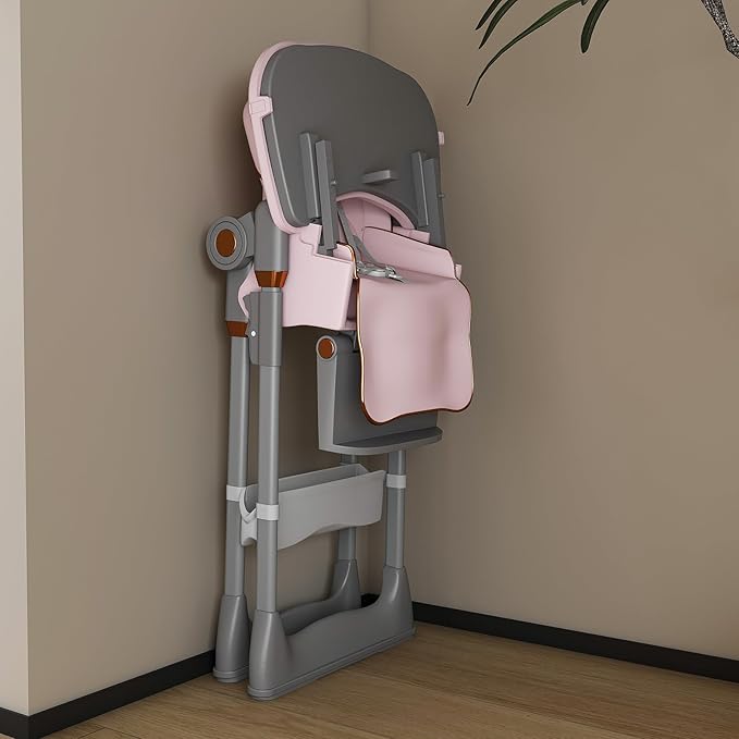 Portable High Chair, High Chairs for Babies and Toddlers, Adjustable Baby Chair, 5 Height & 3 Recline Adjustable Locking Wheels with Removable Double Tray and Safety Belt, Pink