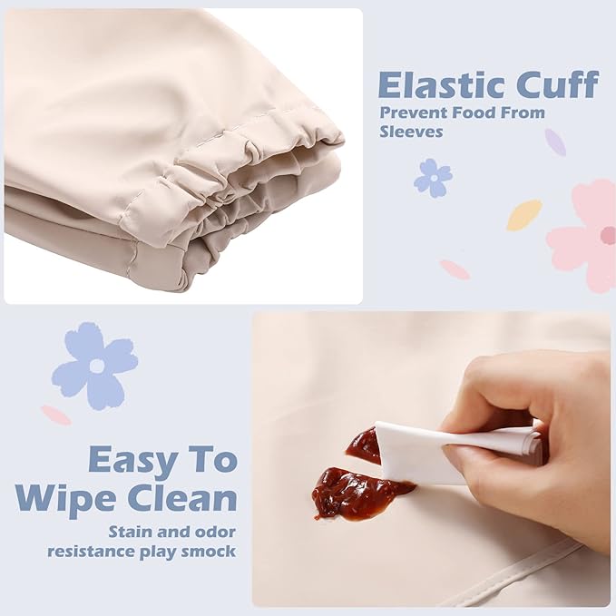 JaGely 4 Pack Long Sleeve Baby Bibs Waterproof Smock Bid with Elastic Cuffs Large Pocket for Baby Eating Feeding 6-36 Months