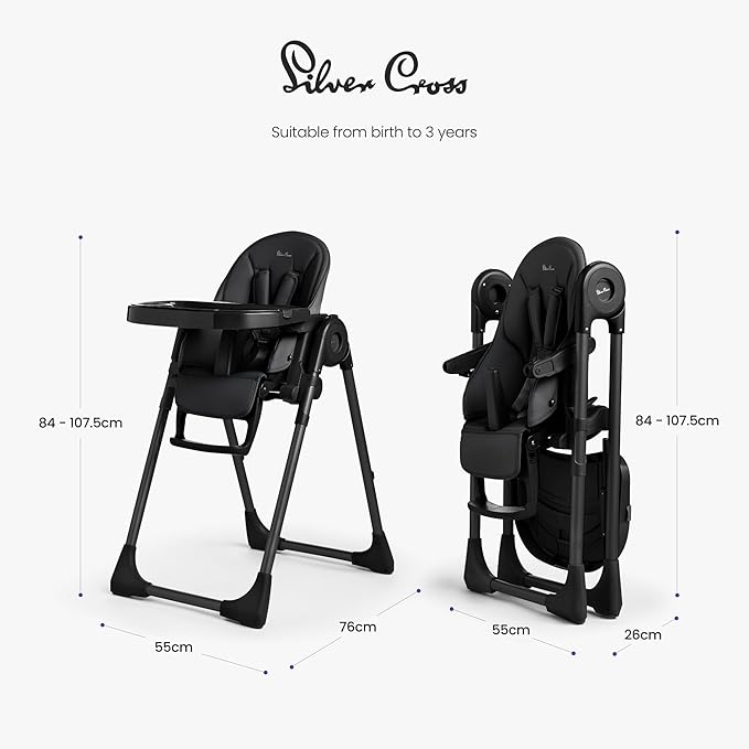 Silver Cross Gourmet High Chair for Babies and Toddlers - Portable Lightweight Baby High Chair for Newborns to 3 Years - Foldable Toddler Chair, Easy to Clean, with Deep Recline & 7 Height Positions