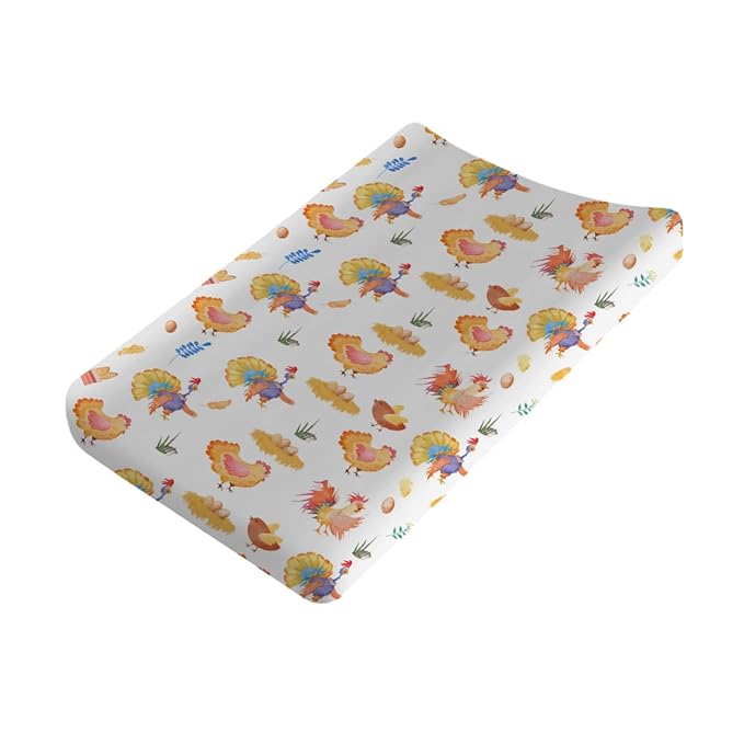 Rooster Hens Chicken Eggs Floral Leaves Changing Pad Covers for Boys Girls Chicken Farm Animals Unisex Diaper Change Table Sheets Soft Breathable Stretch Fitted Changing Pad Sheets Mats 32''x16''