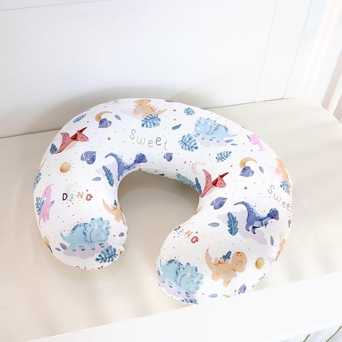 DILIMI Nursing Pillow Cover Stretchy Removable Case for Breastfeeding Pillows, Ultra Soft Comfortable Slipcover for Baby Girl and Boy, Watercolor Dinosaur and Leaves