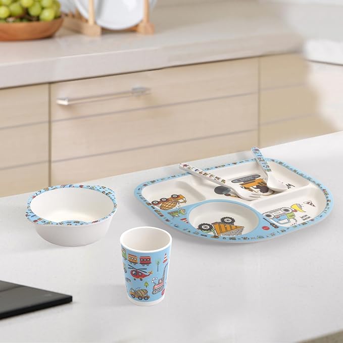 Kids Feeding Set 5 Pcs, Tableware Set for Toddlers Includes Plate Bowl Cup Fork and Spoon Utensil Flatware, Kids Flatware Set Dishwasher Safe, BPA Free (Construction)