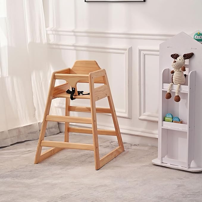 LZMS Wooden Highchair for Babies & Toddlers - Skin-Friendly,Rounded Edges,Safety Belt,Stackable,Reinforced Frame Baby Seat | Natural Finish Dining Chair for Little Ones(Oak Color)