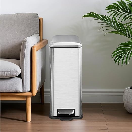 8 Gallon Kitchen Trash Can, Stainless Steel Step Pedal Trash Can with Inner Bucket, Soft Close Lid and Stays Open for Apartments, RVs, Dorms, Offices, or Bathrooms