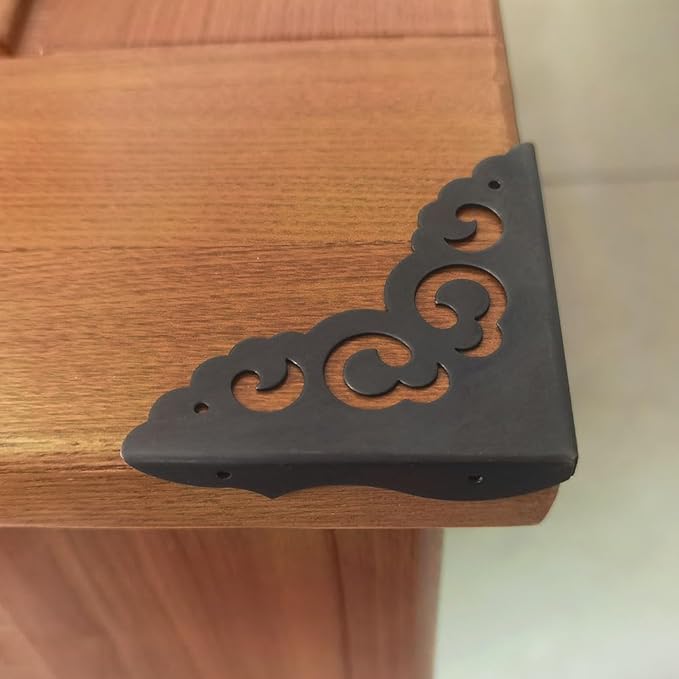 Metal Corner Protectors Set of 4, Vintage Decorative Corner Protector for Antique Wooden Chests, Tables, Desks, Boxes, Edge Protection, Hollowed Out Flower Corner Guards for Decor Furniture (Black)