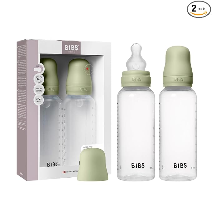 BIBS Baby Bottles 2-Pack, 9.1 Oz, Silicone Nipple, Anti-Colic System for Gas Reduction., BPA-Free, Lightweight & Easy to Clean, Suitable for Newborns 0+ Years - 270 ml (Pack of 2) Sage
