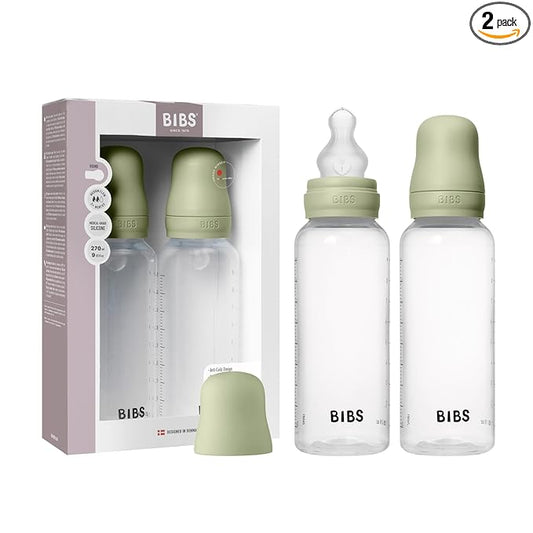 BIBS Baby Bottles 2-Pack, 9.1 Oz, Silicone Nipple, Anti-Colic System for Gas Reduction., BPA-Free, Lightweight & Easy to Clean, Suitable for Newborns 0+ Years - 270 ml (Pack of 2) Sage