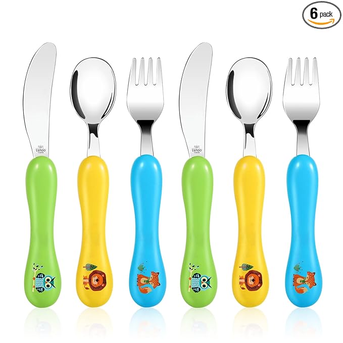 Lehoo Castle 6 Pieces Toddler Utensils, Kids Silverware for 2 3 4 Years Old, Stainless Steel Knife Fork and Spoon Set with Plastic Handle, Safe Toddler Cutlery (Green)