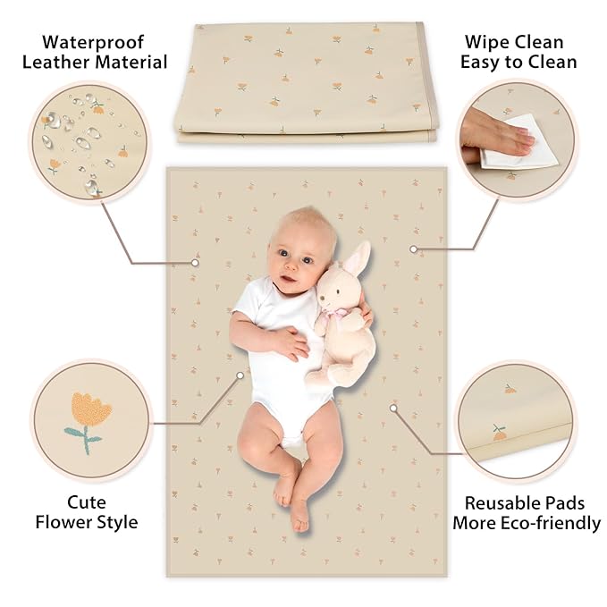 Vegan Leather Baby Changing Mat - Wipeable Portable Changing Pad, Foldable Travel Changing Mat for Baby, Newborns Toddlers Shower Gifts (Small Flower,20"*28")