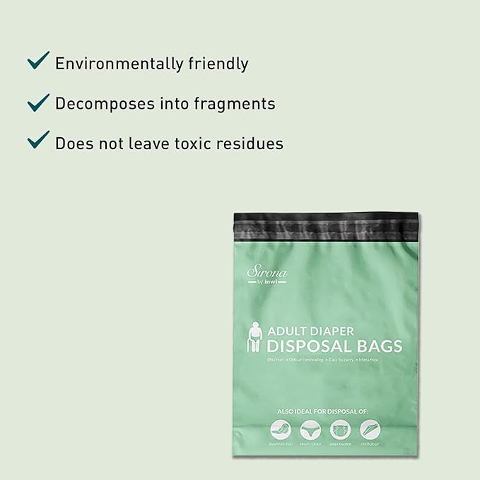 Sirona Disposable Bags for Adult Diapers | Discreet, Locks In Odors, Leak-Proof Adhesive, Environmentally Friendly & Biodegradable | Travel-Friendly Disposal Bags Pack of 30