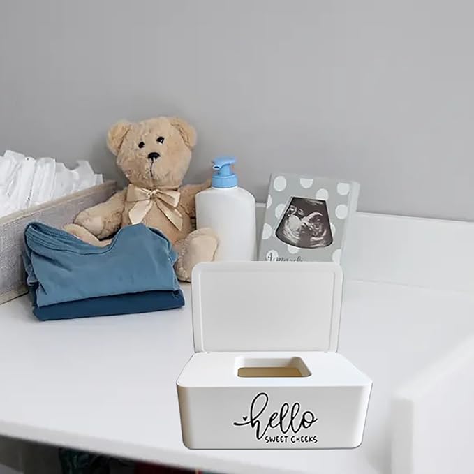 Hello Sweet Cheeks Baby Wipes Dispenser Rustic Farmhouse Bathroom Decor 7.28" L x 4.80" W x 2.75" H Flushable Wipes Container Holder with Sealing Design Lid Easy to Refill (White)
