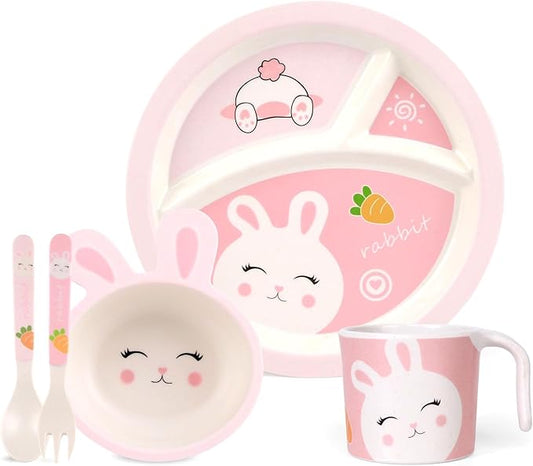 Kids Dinnerware Set, Includes Toddler Plate Bowl Tumbler and Utensils, BPA Free Bamboo Fiber Material Perfect for Little Girls (Pink - Rabbit Theme)