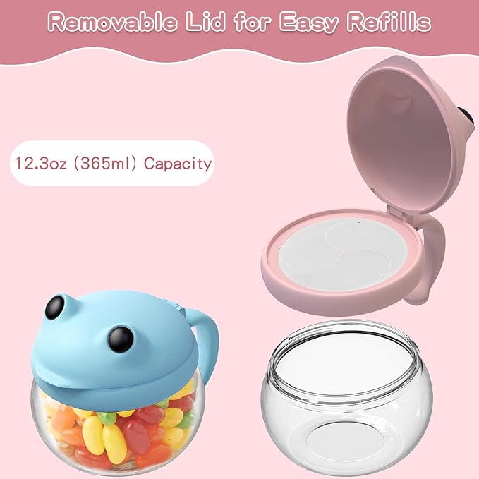 BeneLabel 2 Pack 12.3 Oz Snack Cups for Toddlers Spill Proof Food Grade Tritan Baby Snack Container with Cute Frog Lid and Handle PVC Free Kids Snack Catcher Fit for On-the-Go (Pink & Blue)