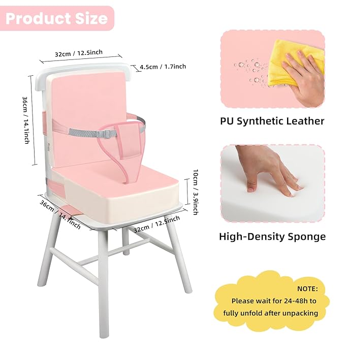 Toddler Booster Seat for Dining Table with Adjustable Straps, Kids Booster Seat for Kitchen Chair with Non-Slip Bottom, PU Anti-Scratch Portable Detachable Increasing Cushion (Pink)