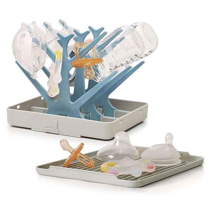 haakaa Portable Baby Bottle Drying Rack with Tray, Space Saving Bottle Drying Tree for Bottles/Pump Parts/Pacifiers,Easy-Store Dryer Rack Great for Home & Travel, BPA Free (Sky Blue)