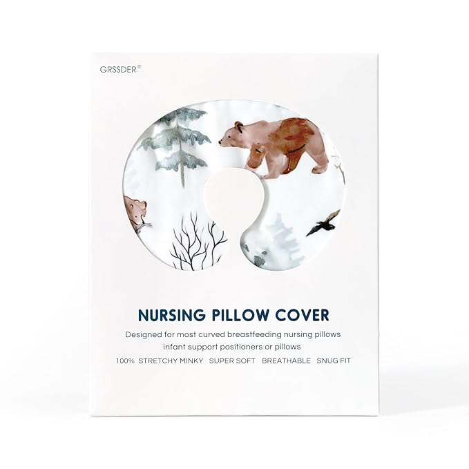 GRSSDER Nursing Pillow Cover, Stretchy Soft Minky Fabric Covers, Fit Most Nursing Support Pillows for Breastfeeding, Comfortable Safe Pillow Cover, Stylish Cute Bear Pattern