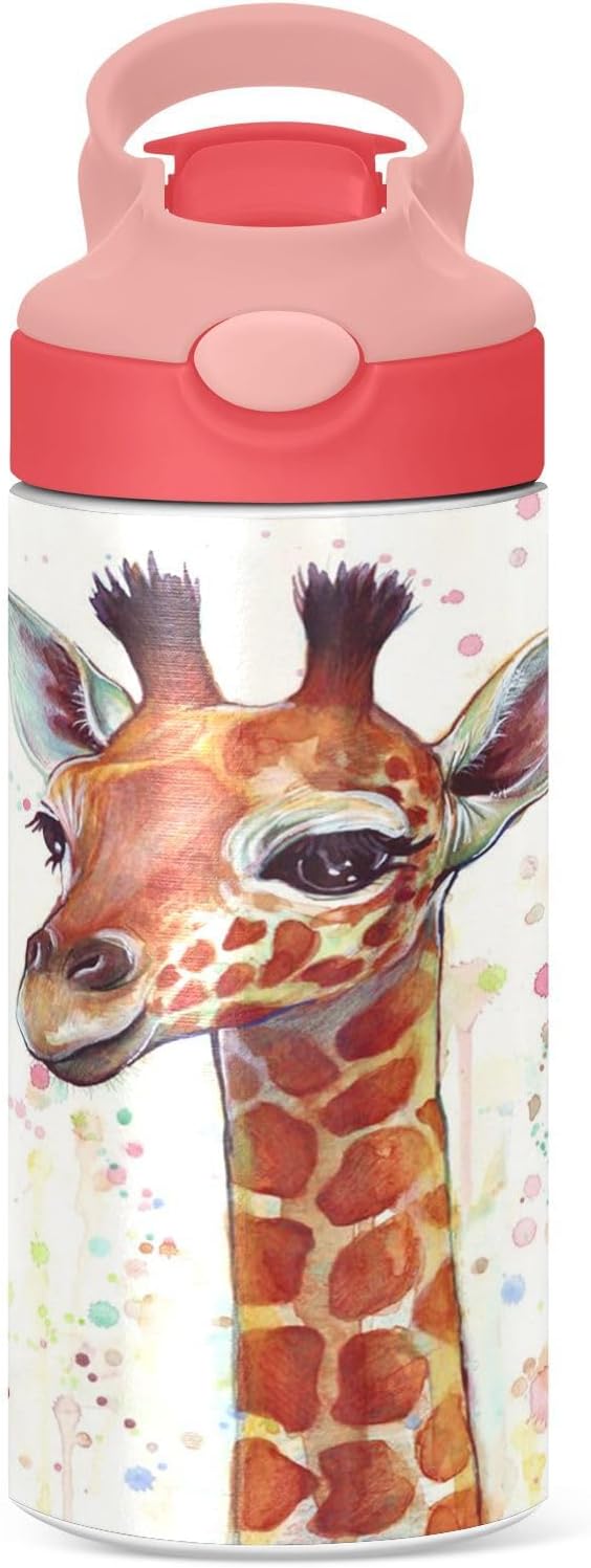 Giraffe Kids Water Bottle with Straw and Carry Handle Cute Animals Vacuum Insulated Stainless Steel Bottles Leak-Proof for Boys Girls Toddler 12 oz Pink Lid
