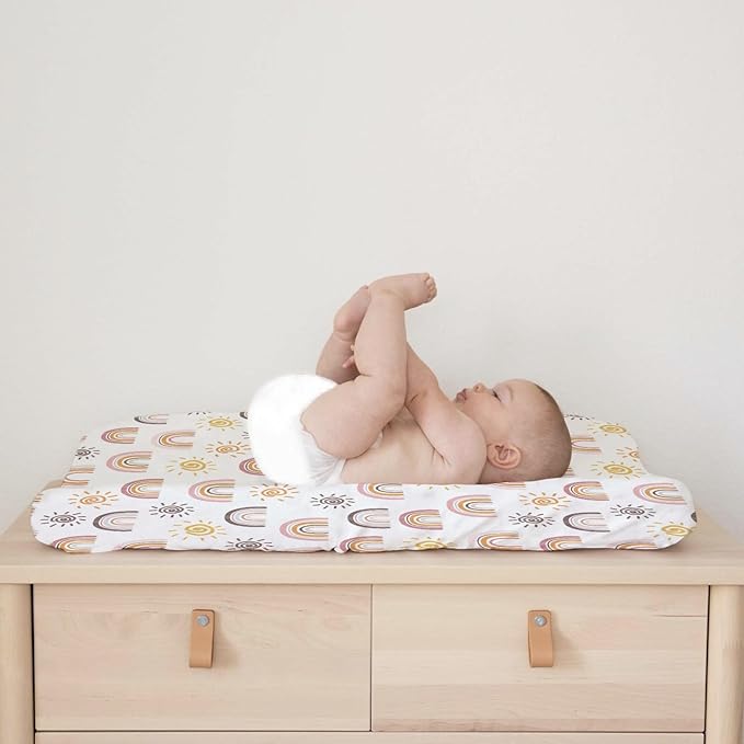 Boho Sunshine Rainbow Changing Pad Cover Colorful Rainbow Sun Baby Changing Table Pad Cover for Boys Girls Soft Breathable Stretch Fitted Change Table Pad Mats Covers 32''x16''