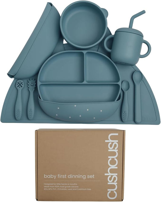 Silicone Baby Feeding Set, Baby Led Weaning Supplies, First Stage Solid Food eating Utensils, Divided Suction Plate, Bowl, Bibs, Sippy Cup, Placemat, 6+ months Newborn Gift (Pastel Blue)