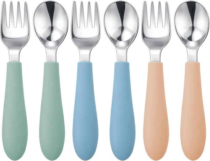 Pimoys 6 Pieces Toddler Utensils, Kids Forks and Spoons with Silicone Handle, Stainless Steel Toddler Silverware Set, Dishwasher Safe
