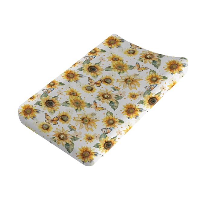 Watercolor Sunflowers Butterflies Baby Changing Pad Cover for Girl Boy Yellow Sunflower Nursery Diaper Changing Pad Sheets Boho Floral Soft Breathable Stretchy Fitted Change Table Mats 32''x16''