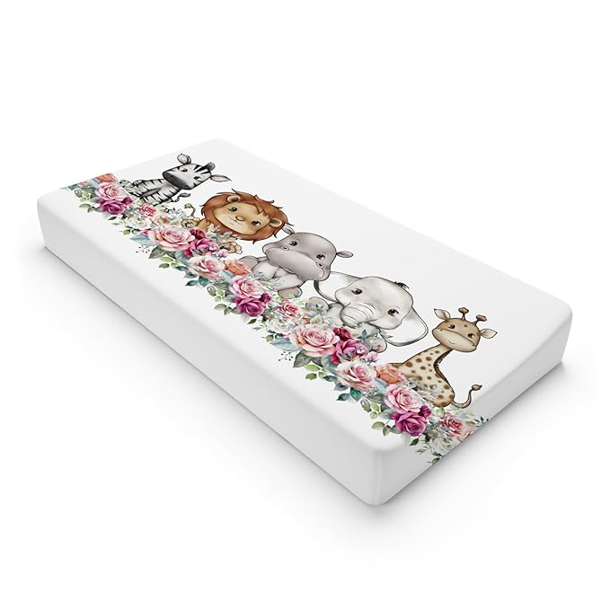 Baby Safari Animals Changing Pad Cover Cute Lion Elephant Giraffe Zebra Hippo Retro Floral Change Table Pad Cover for Boys Girls Soft Stretch Fitted Diaper Changing Mat Sheets 32''x16''