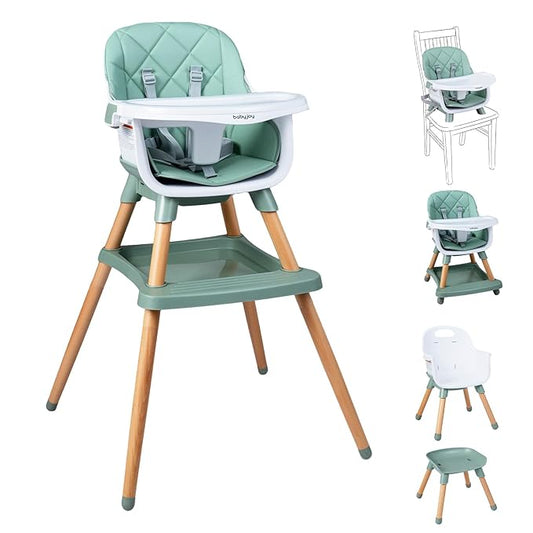 BABY JOY 8-in-1 High Chair, Convertible Wooden Highchairs for Babies and Toddlers | Dining Booster Seat | Toddler Stool, Double Removable Tray, 5-Point Safety Harness & Waterproof PU Cushion (Green)