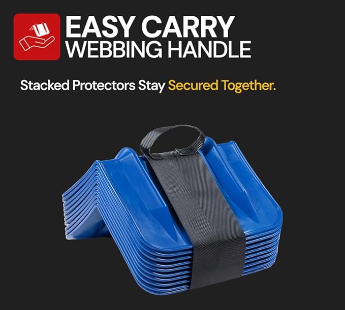 Mytee Products 10 Pack Blue Flatbed Edge Protectors w/Carrying Case & Webbing Handle - 8"x8"x10" Plastic V Shaped Corner Protectors for Cargo Loads & Tie Down Strap Guard - Fit 1 Strap Up to 4"
