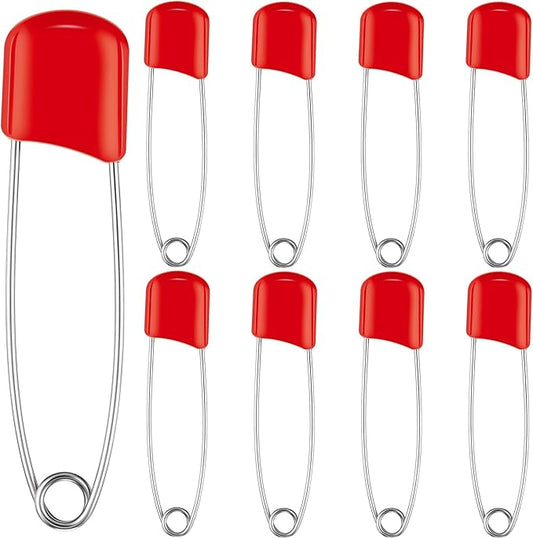 WILLBOND 8 Pcs Safety Pins 2.2 Inch Plastic Head Cloth Pins with Locking Closures Stainless Steel with Velvet Bag, Red