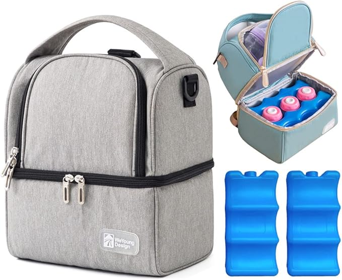 Breastmilk Bottles Cooler Bag with Ice Pack,Nylon Breast Pump Bag Backpack with Cooler Compartment,Double Layer Breast Pump Carrying Bag for Nursing Moms,Fits 6 Bottles Up to 9 Ounces