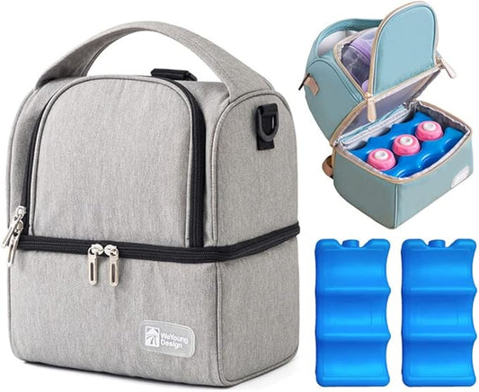 Breastmilk Bottles Cooler Bag with Ice Pack,Nylon Breast Pump Bag Backpack with Cooler Compartment,Double Layer Breast Pump Carrying Bag for Nursing Moms,Fits 6 Bottles Up to 9 Ounces