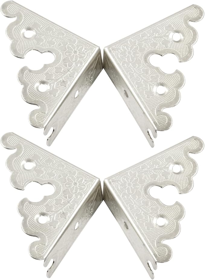 4Pcs Retro Style Decorative Corner Protectors Triangle Vintage Corner Guards with Mounting Nails for Jewelry Box Gift Box Wooden Case(1.33 x1.33 inch,Silver)