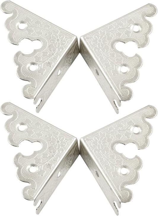 4Pcs Retro Style Decorative Corner Protectors Triangle Vintage Corner Guards with Mounting Nails for Jewelry Box Gift Box Wooden Case(1.33 x1.33 inch,Silver)