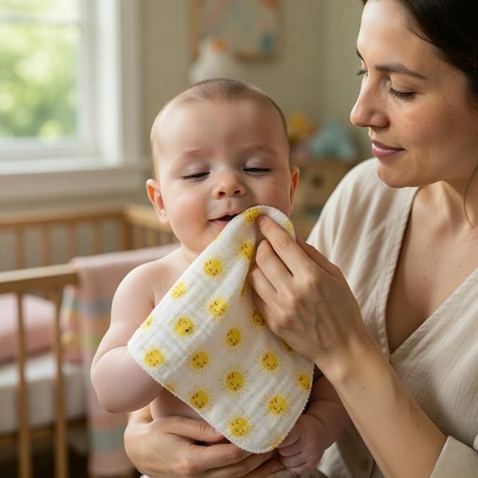 EVERYDAY KIDS 12 Pack Burp Cloths for Baby Boys and Girls - Bees, Sun and Stripes