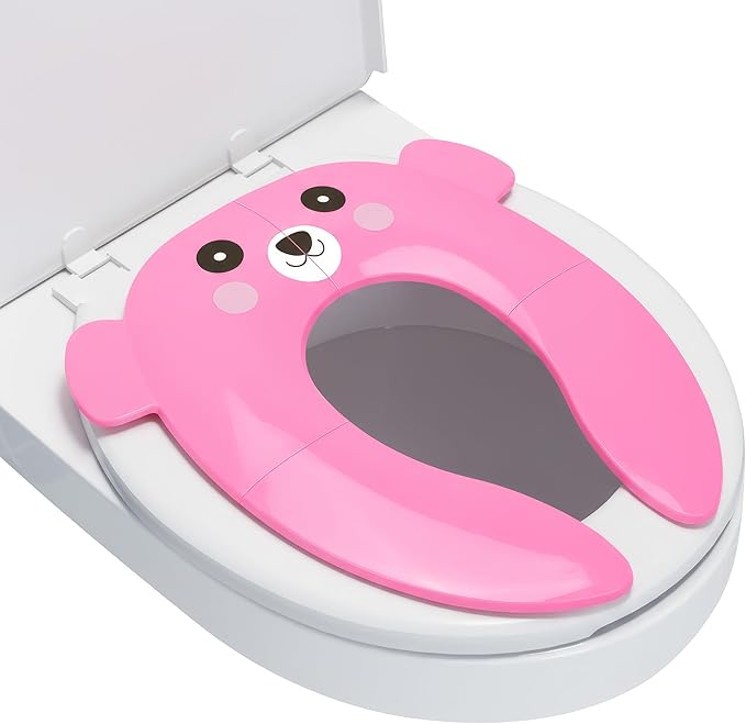 Maliton Travel Potty Training Seat for Toddler, Portable Foldable Potty Seat Cover Fits Round & Oval Toilets, Non-Slip Toilet Seat with Free Travel Bag(Pink Bear)