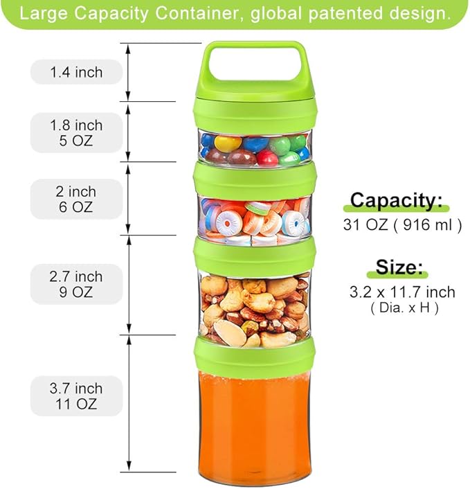 SELEWARE Stackable Snack Jars, Twist Lock Stackable Containers Set, Food Storage Travel Container for Storing Milk Protein Powder Snacks, BPA Free, 4-Piece for 1 Pack (Green, Total 31oz)
