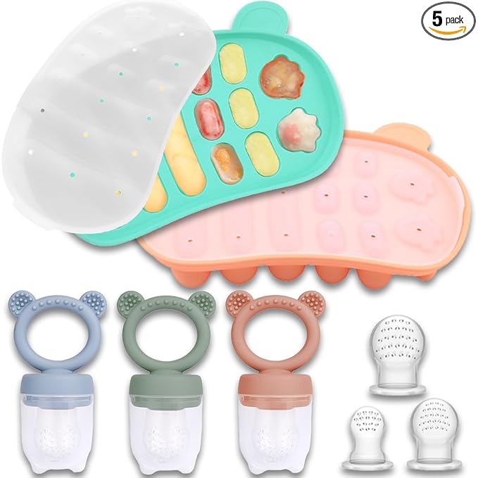 JEXFUN Silicone Baby Fruit Food Feeder Pacifier & Freezer Tray Set, Breastmilk Popsicle Mold for Teething, Silicone Baby Food Storage Containers for Baby Teething & Infant Self Feeding, BPA Free, C