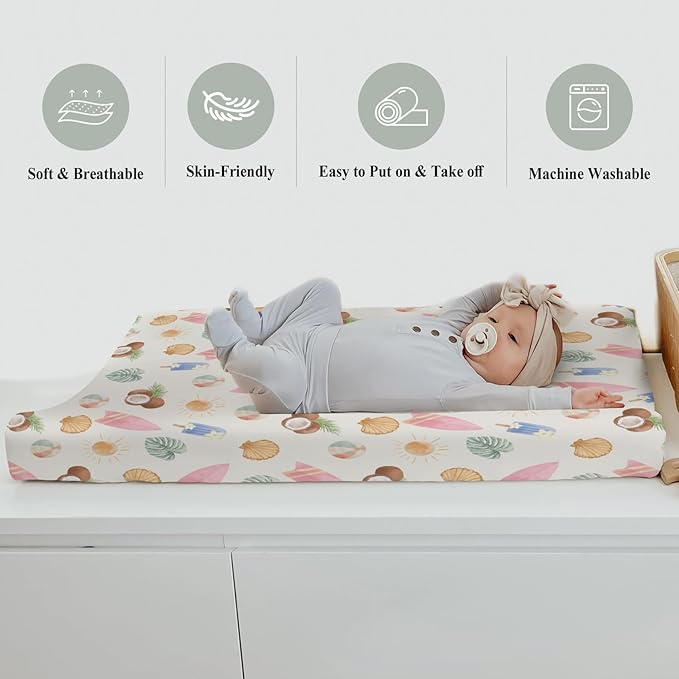 Neutral Summer Beach Changing Pad Covers for Baby Girls Boys Surfboard Coconut Seashells Sun Balls Fitted Change Table Pad Covers Mats Seaside Holiday Soft Diaper Changing Pad Sheets 32''×16''