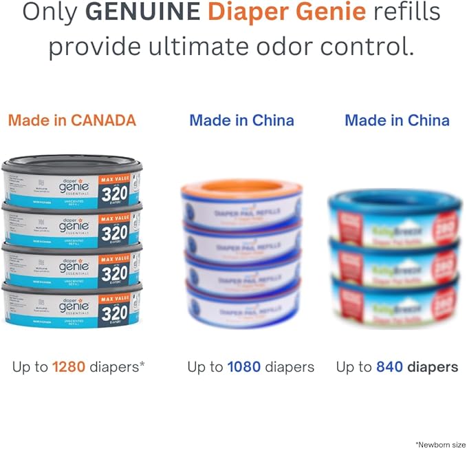 Diaper Genie Essentials Round Refill Pack of 4 | Holds Up to 1280 Newborn Diapers | Features Unscented Continuous Film | Compatible with Diaper Genie Complete and Expressions Pails