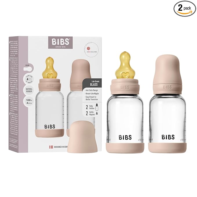 BIBS Glass Baby Bottles 2-Pack, 4 Oz. Anti-Colic System for Gas Reduction. Vented Round Natural Rubber Latex Nipple. Supports Infant and Newborn Breastfeeding - 120 ml (Pack of 2), Blush