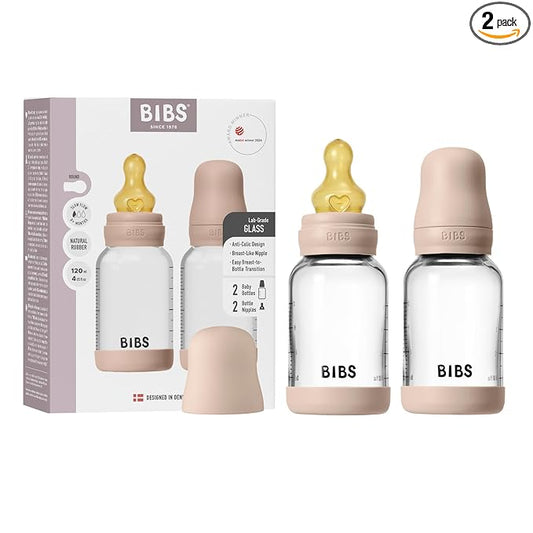 BIBS Glass Baby Bottles 2-Pack, 4 Oz. Anti-Colic System for Gas Reduction. Vented Round Natural Rubber Latex Nipple. Supports Infant and Newborn Breastfeeding - 120 ml (Pack of 2), Blush