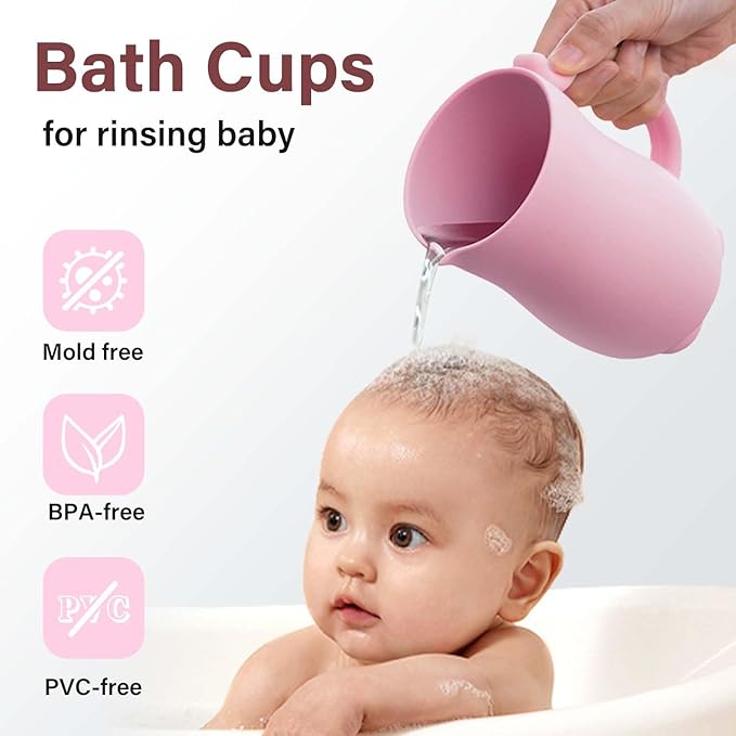 mandoo Baby Bath Rinse Cup - Food Grade Silicone - Shampoo & Body Washing Rinser Cup for Kids with Easy Grip Handle to Rinse Baby Shampoo and Soap - Baby Essentials（Purple+Brush