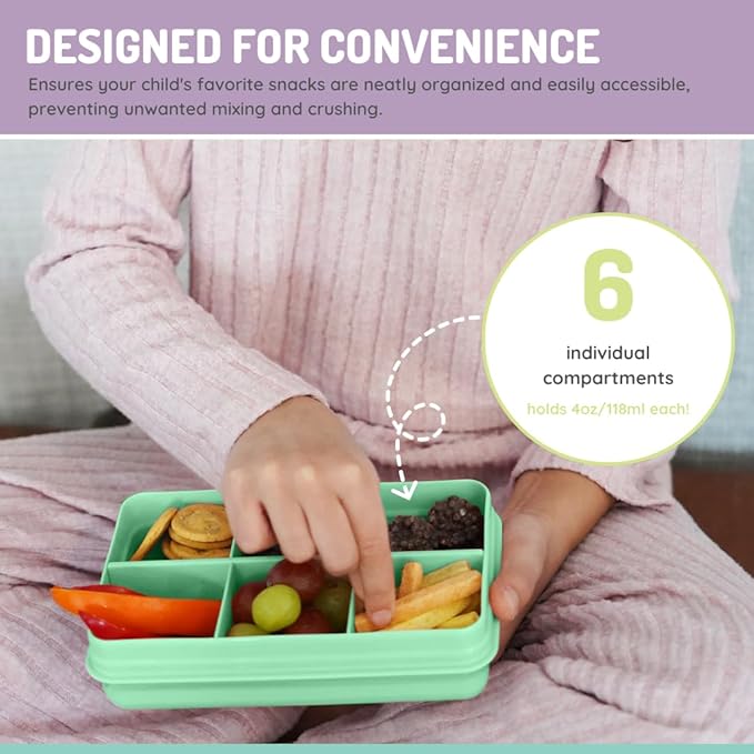 melii Snackle Box | 6-Compartment Divided Snack Container, BPA-Free Food Storage with Removable Dividers for School, Travel & On-the-Go Snacking (Dinosaur)