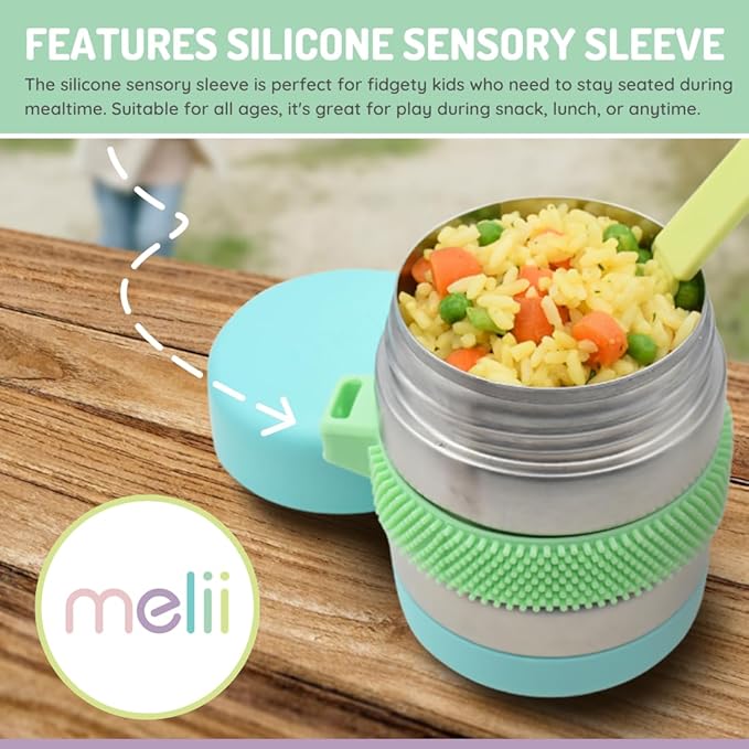 melii Stainless Steel Food Jar, 10.1oz, Double Walled, Vacuum Insulated, Integrated Fork, Airtight & Leakproof, Dishwasher Safe - Blue, Mint, Lime