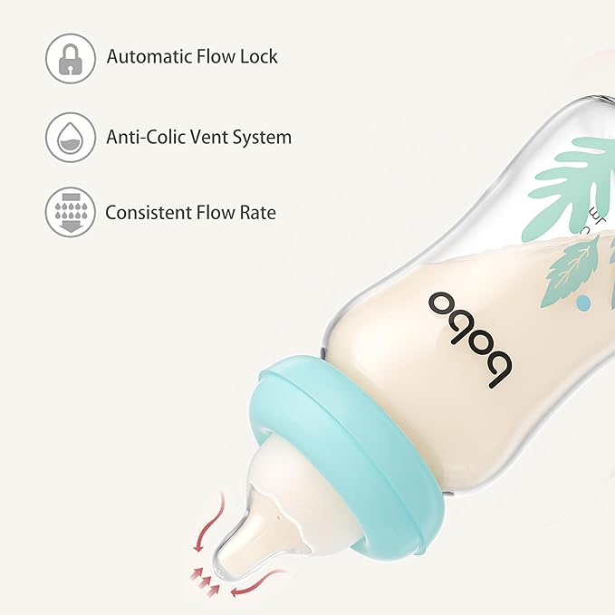 YOHKOH Natural Glass Baby Bottle with Level 1 Slow Flow Nipple, Newborn Anti-Colic Baby Bottles, Wide Neck Mushroom Baby Glass Bottle ((5.4oz (Pack of 2), Blue-A)